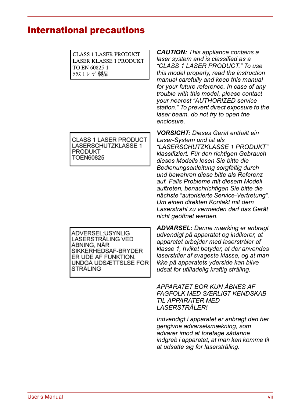 International precautions | Toshiba Qosmio F30 (PQF32) User Manual | Page 7 / 276
