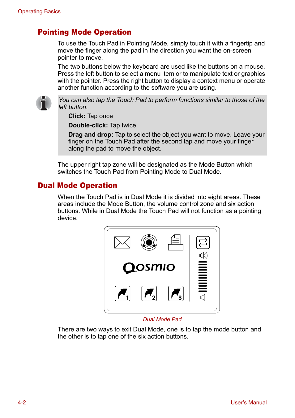 Pointing mode operation, Dual mode operation | Toshiba Qosmio F30 (PQF32) User Manual | Page 70 / 276