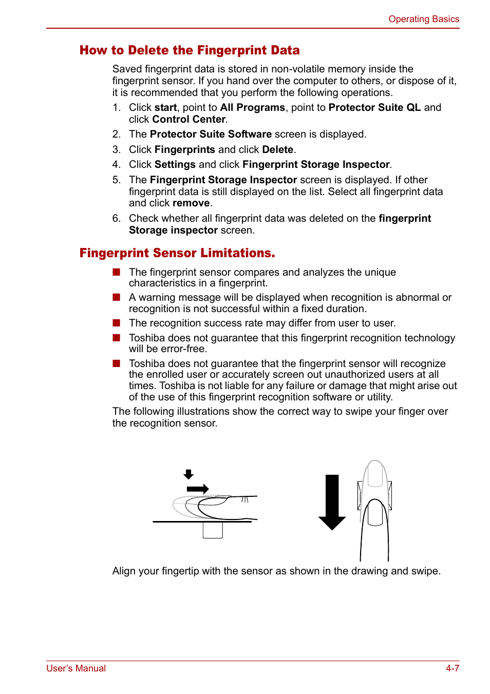 How to delete the fingerprint data, Fingerprint sensor limitations | Toshiba Qosmio F30 (PQF32) User Manual | Page 75 / 276