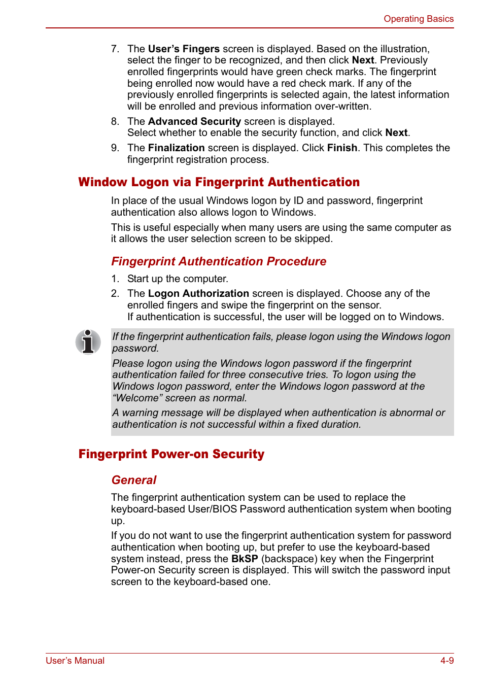 Window logon via fingerprint authentication, Fingerprint power-on security | Toshiba Qosmio F30 (PQF32) User Manual | Page 77 / 276
