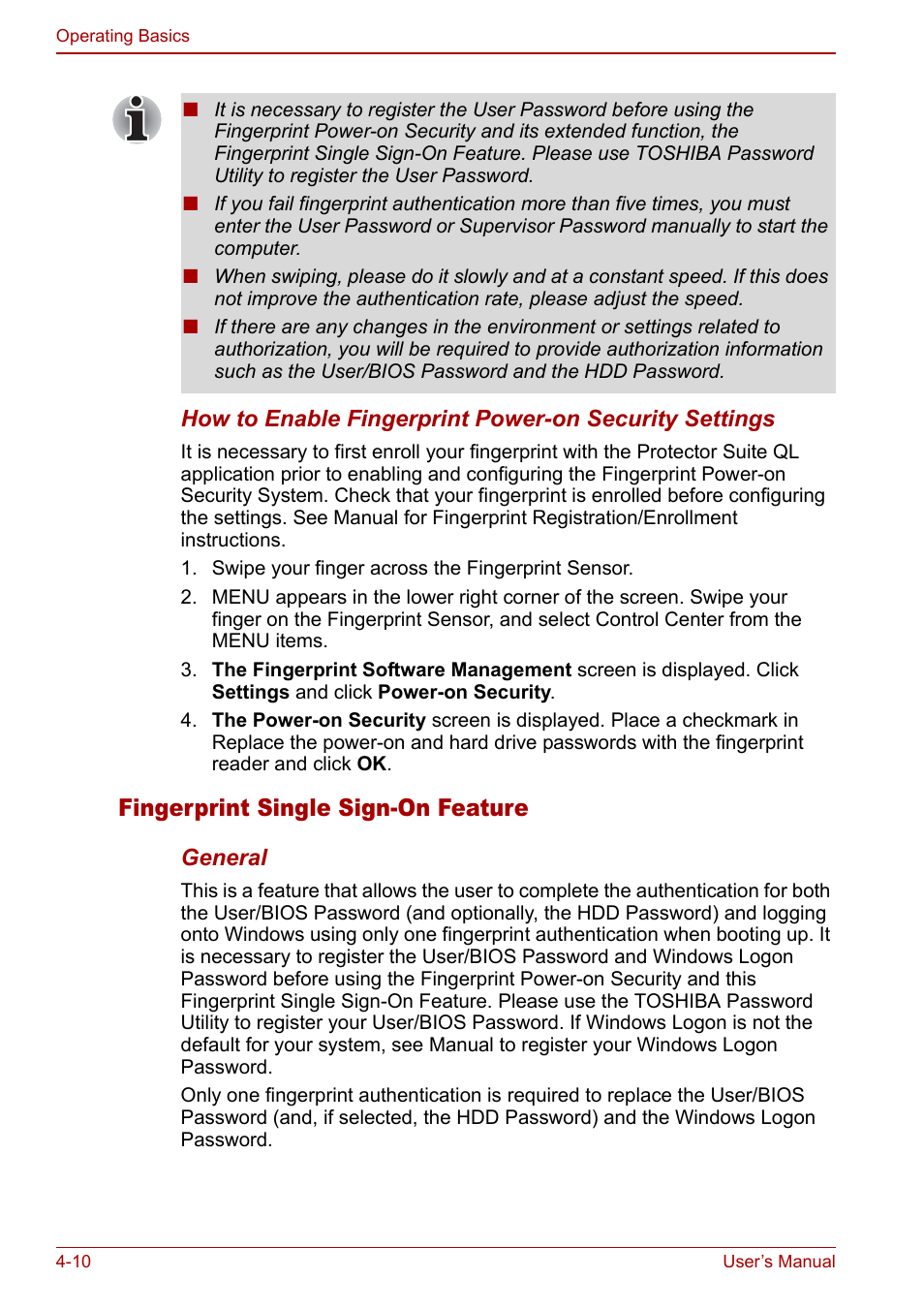 Fingerprint single sign-on feature | Toshiba Qosmio F30 (PQF32) User Manual | Page 78 / 276