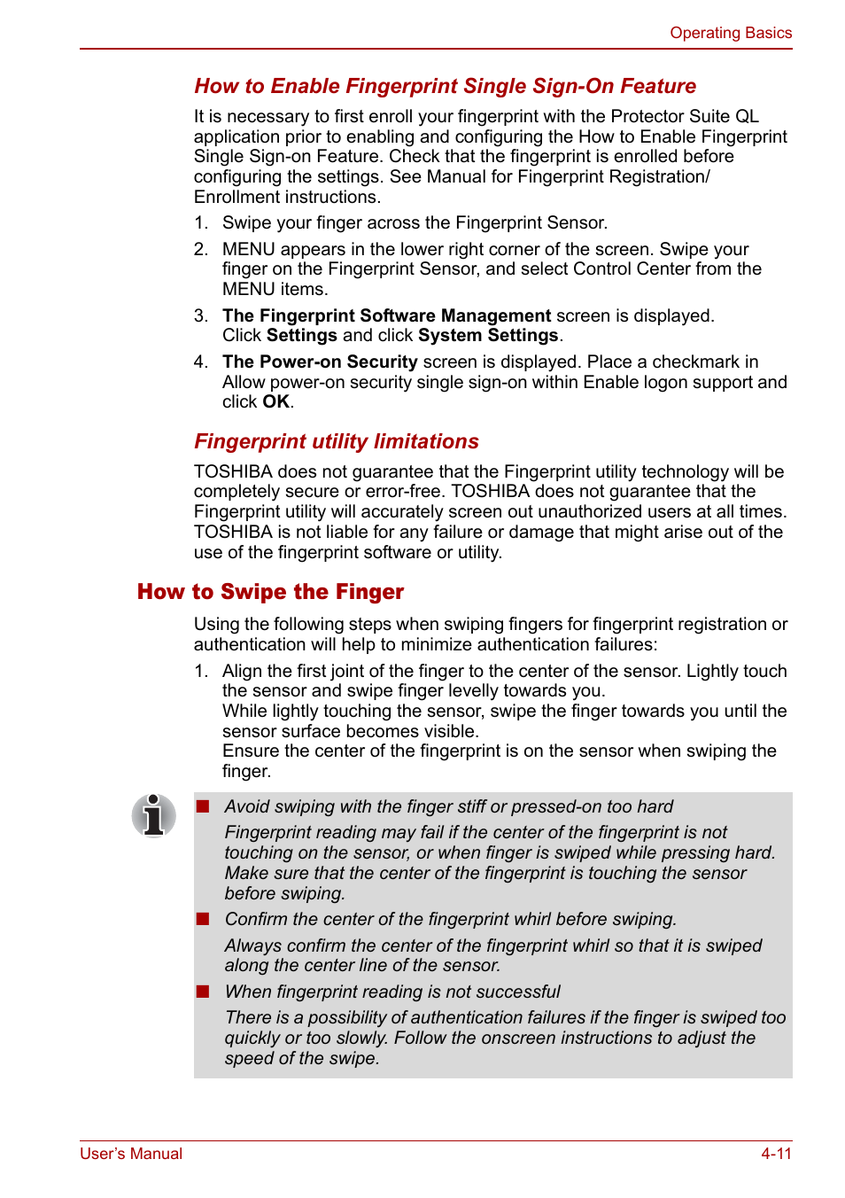 How to swipe the finger | Toshiba Qosmio F30 (PQF32) User Manual | Page 79 / 276