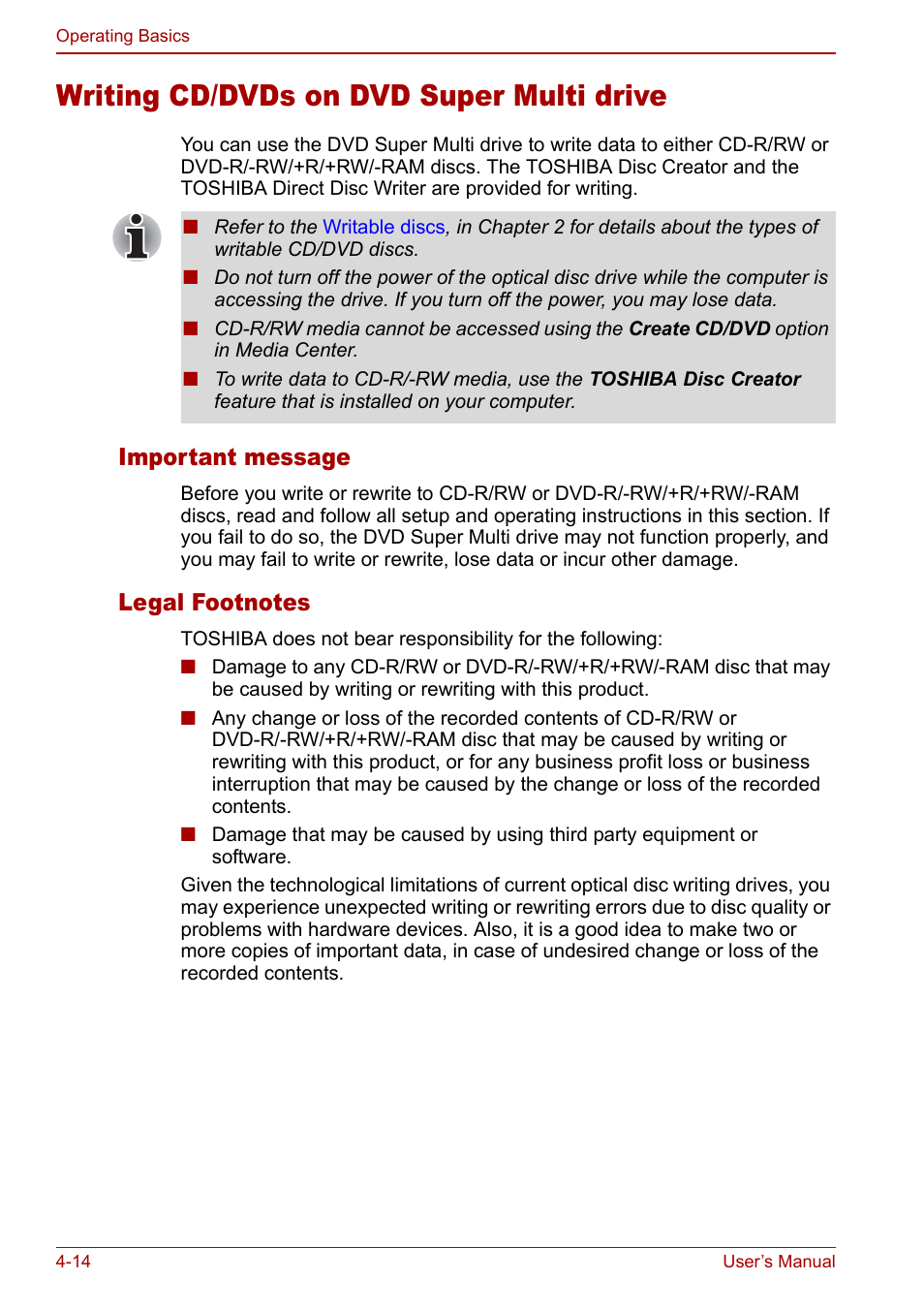 Writing cd/dvds on dvd super multi drive, Writing cd/dvds on dvd super multi drive -14, Important message | Toshiba Qosmio F30 (PQF32) User Manual | Page 82 / 276