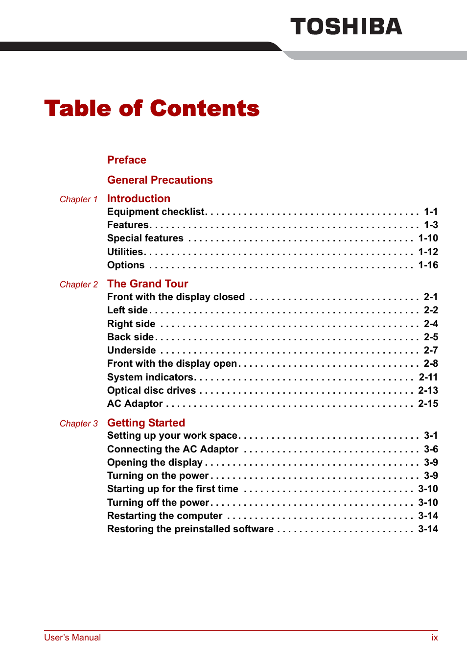Toshiba Qosmio F30 (PQF32) User Manual | Page 9 / 276