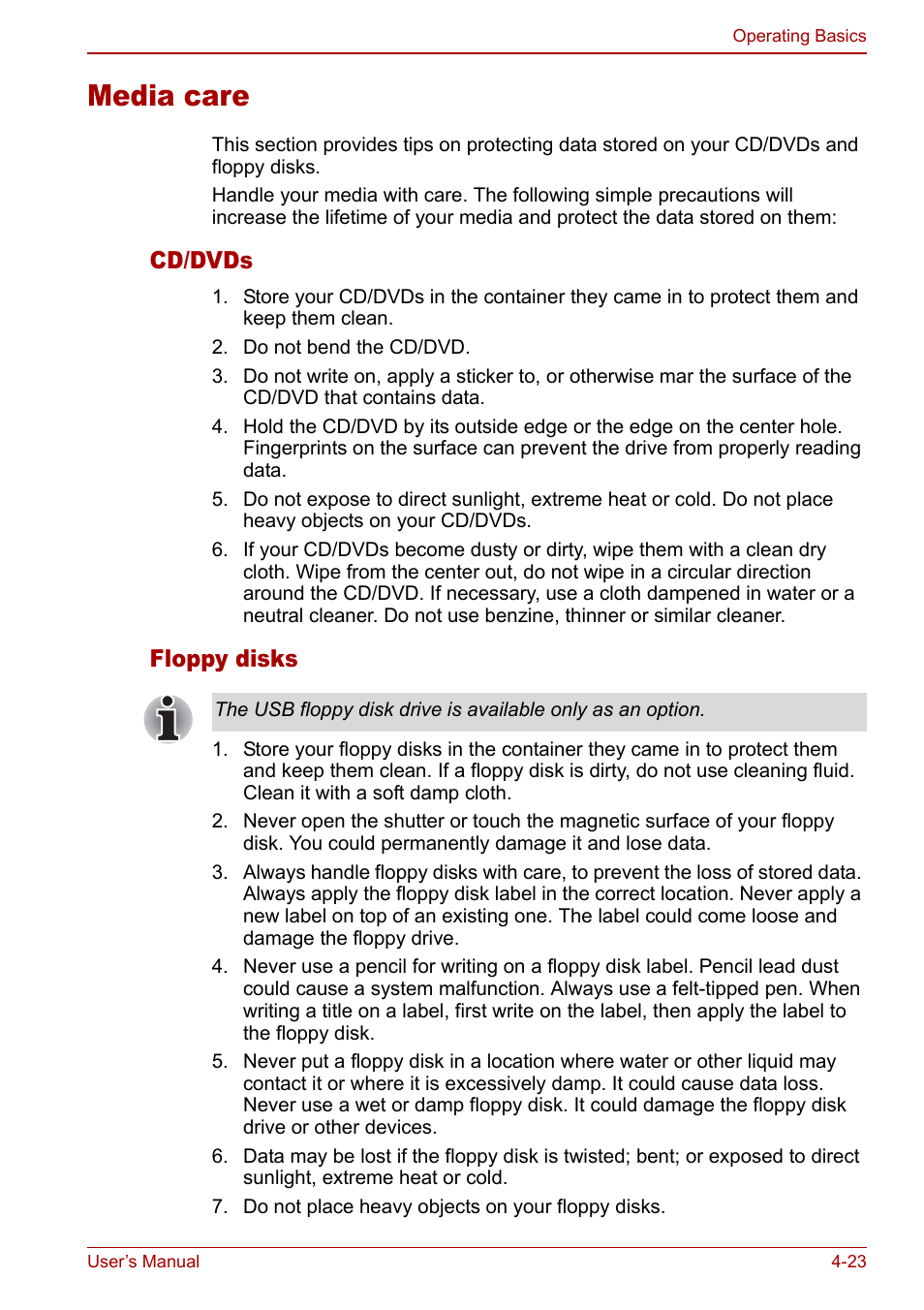 Media care, Media care -23, Cd/dvds | Floppy disks | Toshiba Qosmio F30 (PQF32) User Manual | Page 91 / 276