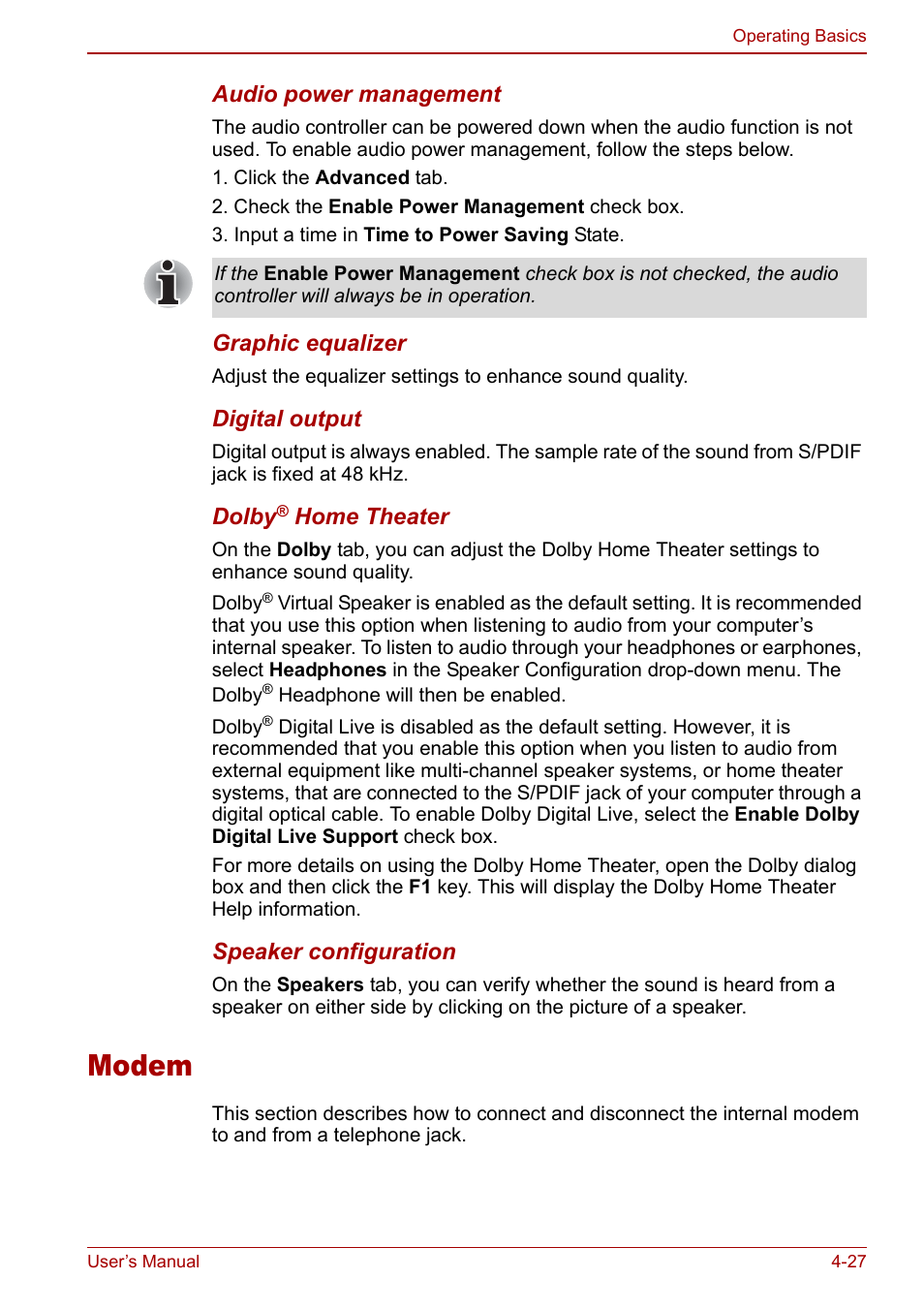 Modem, Modem -27 | Toshiba Qosmio F30 (PQF32) User Manual | Page 95 / 276