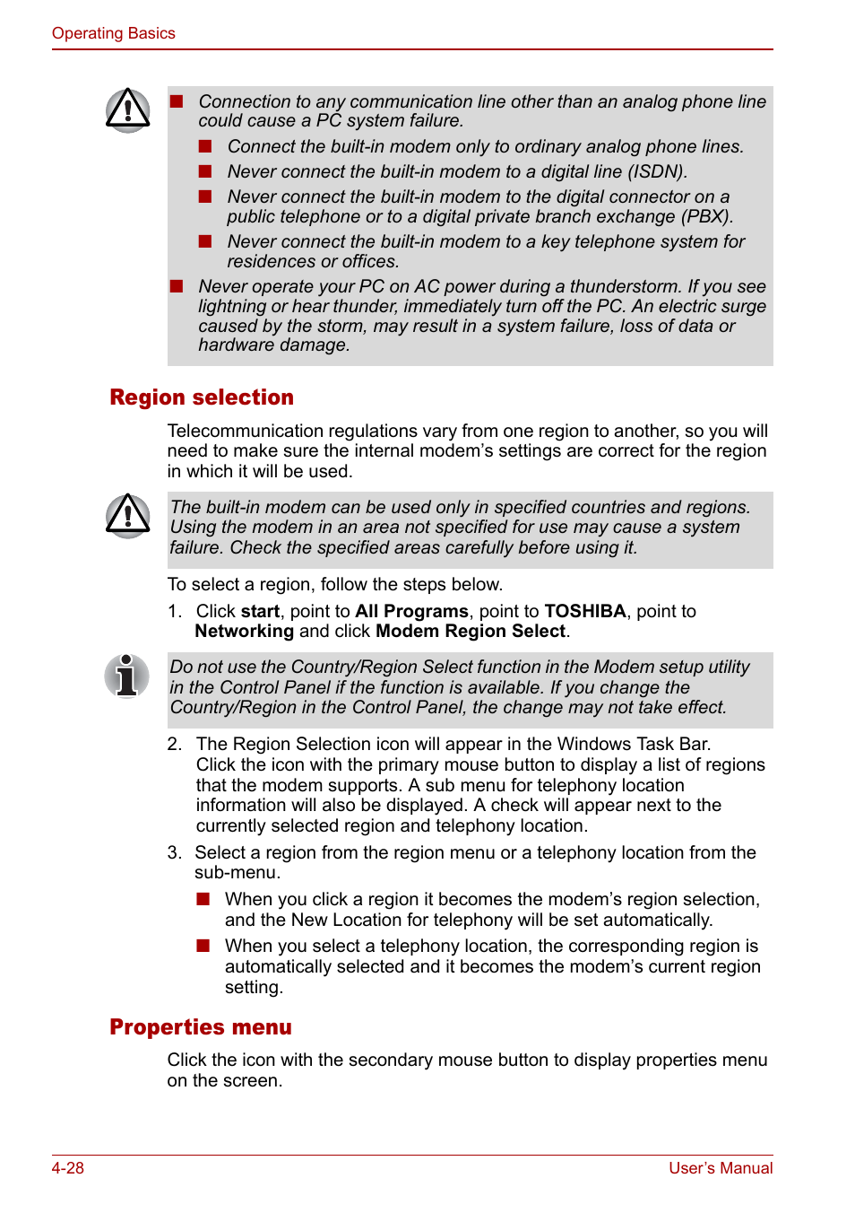 Region selection, Properties menu | Toshiba Qosmio F30 (PQF32) User Manual | Page 96 / 276