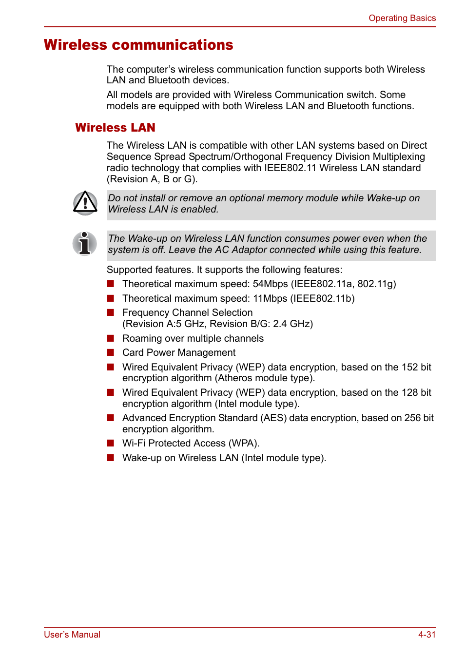 Wireless communications, Wireless communications -31, Wireless lan | Toshiba Qosmio F30 (PQF32) User Manual | Page 99 / 276