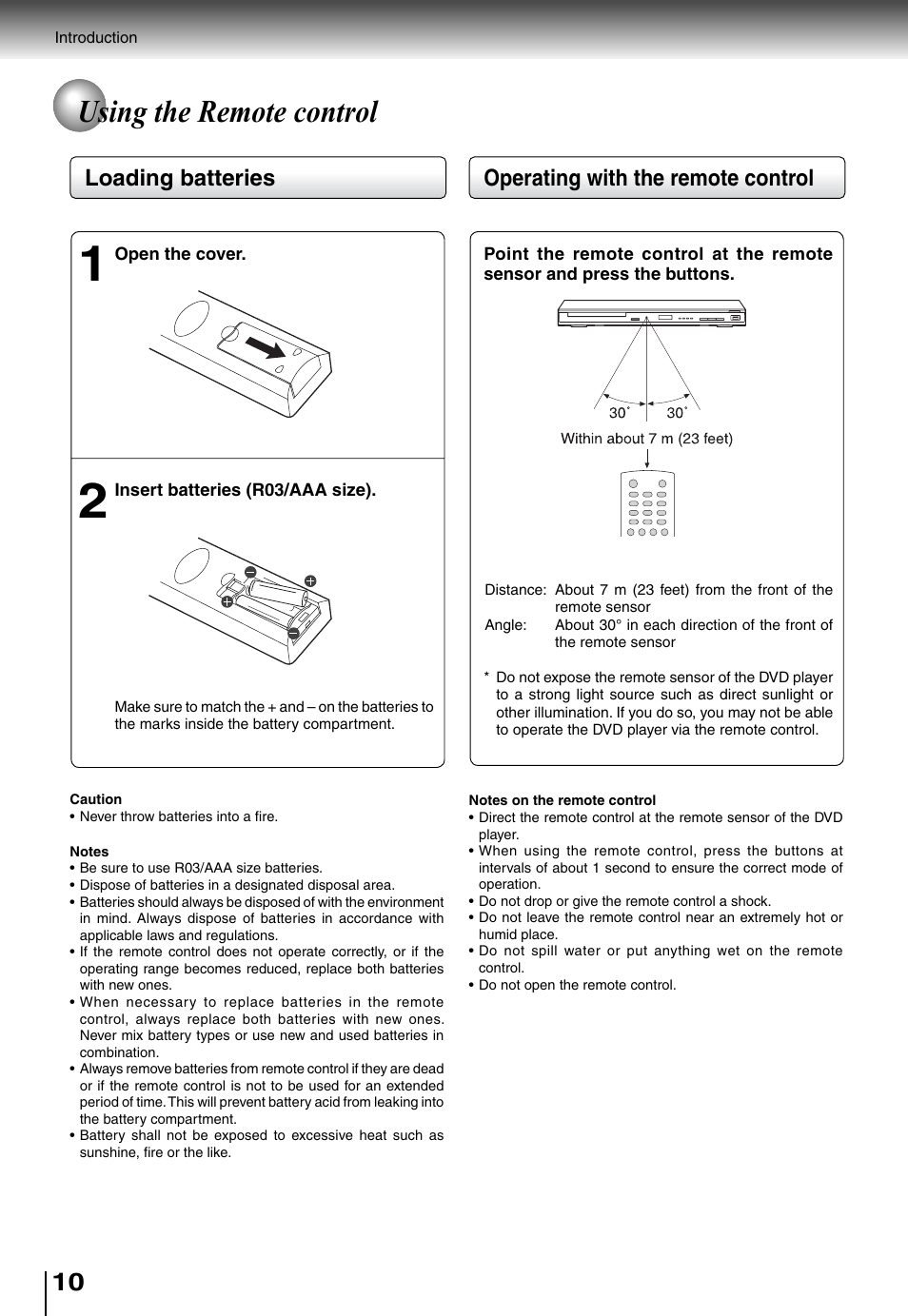 Using the remote control, Operating with the remote control, Loading batteries | Toshiba SD5010 User Manual | Page 10 / 28