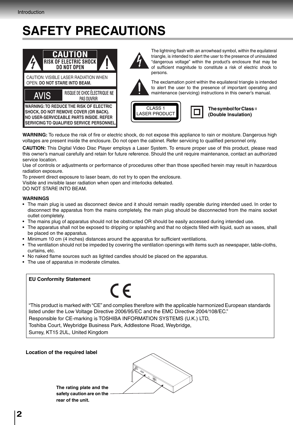 Safety precautions, Avis | Toshiba SD5010 User Manual | Page 2 / 28