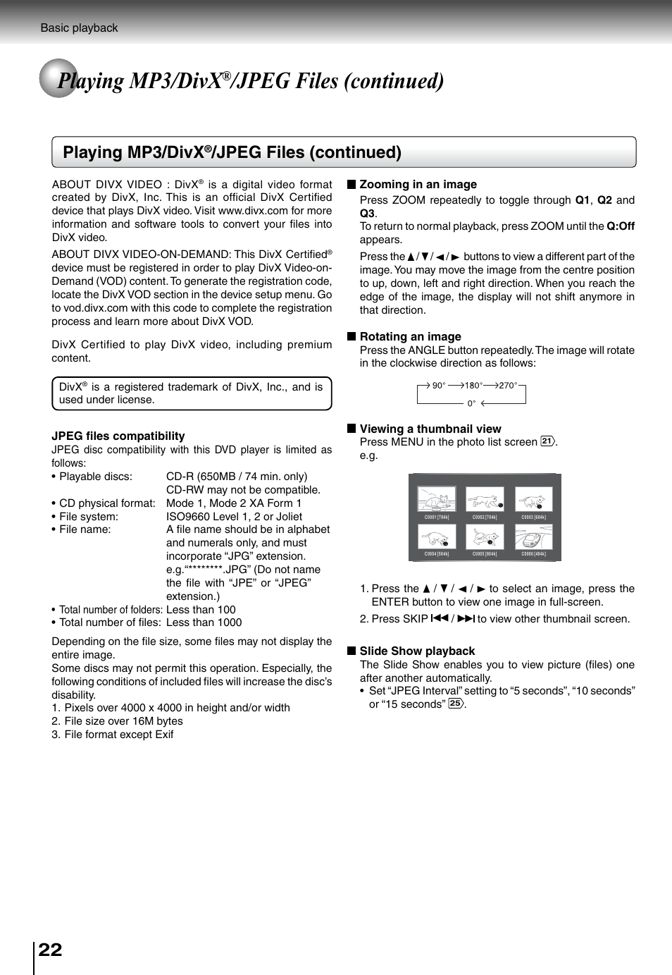 Playing mp3/divx, Jpeg files (continued) | Toshiba SD5010 User Manual | Page 22 / 28