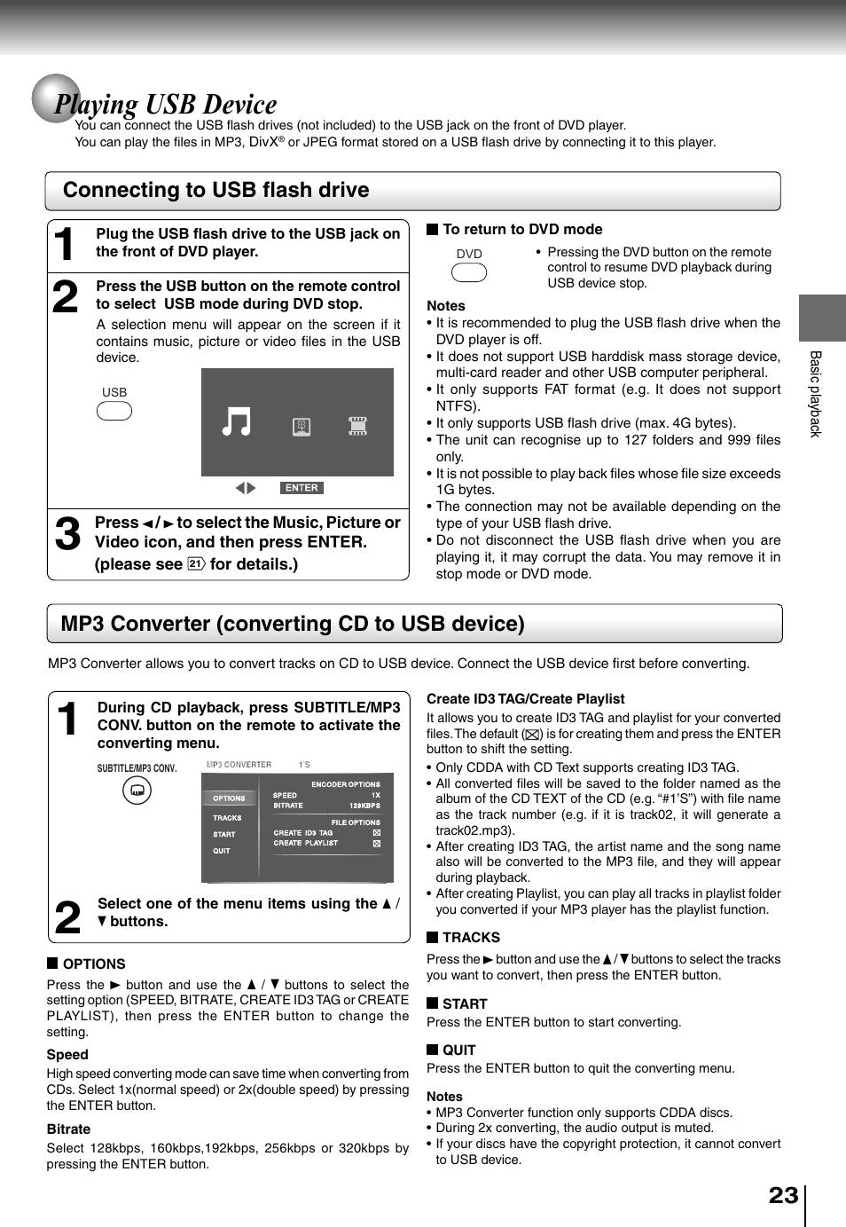 Playing usb device, Connecting to usb fl ash drive, Mp3 converter (converting cd to usb device) | Toshiba SD5010 User Manual | Page 23 / 28