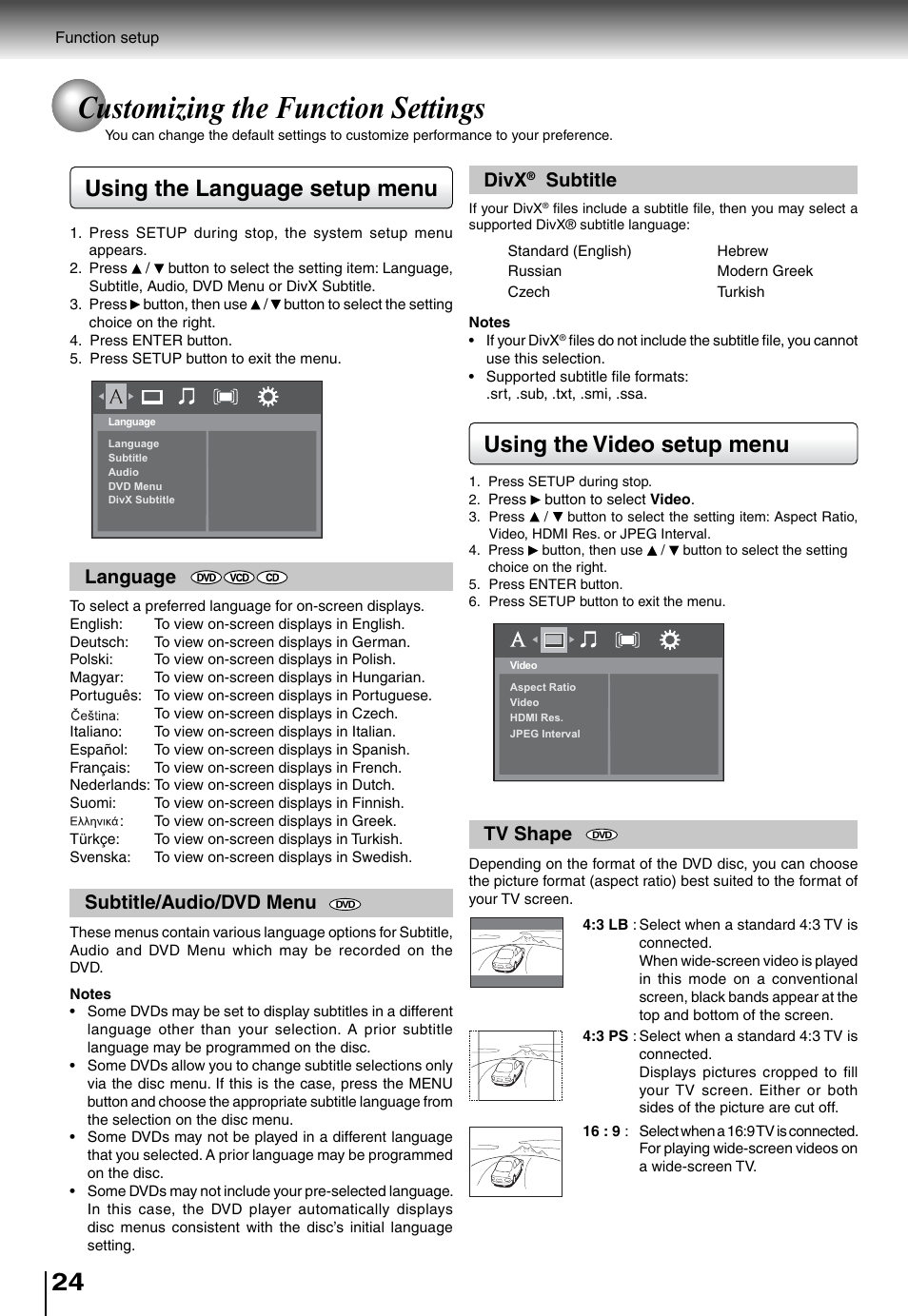 Customizing the function settings, Using the language setup menu, Using the video setup menu | Language, Subtitle/audio/dvd menu, Divx, Subtitle, Tv shape | Toshiba SD5010 User Manual | Page 24 / 28