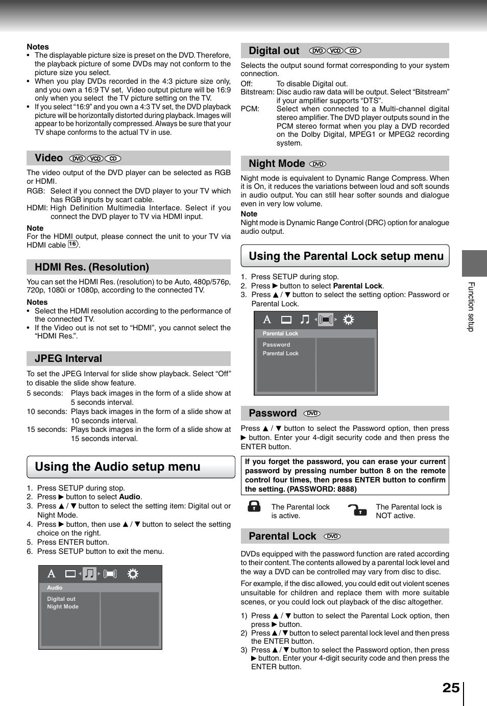 Using the audio setup menu, Using the parental lock setup menu, Parental lock | Password, Night mode, Digital out, Hdmi res. (resolution), Jpeg interval, Video | Toshiba SD5010 User Manual | Page 25 / 28