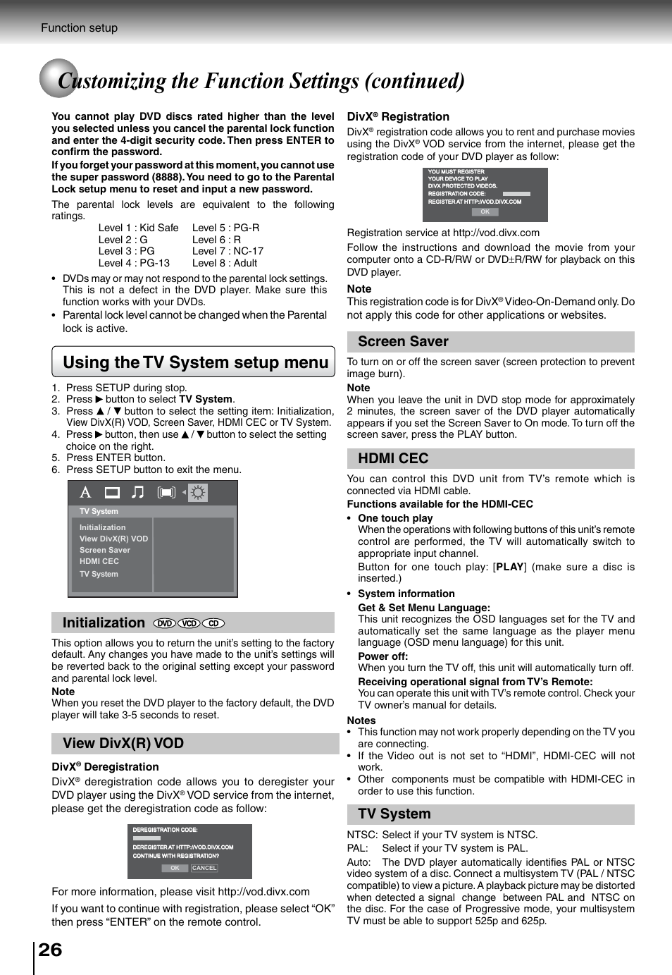 Customizing the function settings (continued), Using the tv system setup menu, Tv system hdmi cec | Screen saver, Initialization, View divx(r) vod | Toshiba SD5010 User Manual | Page 26 / 28
