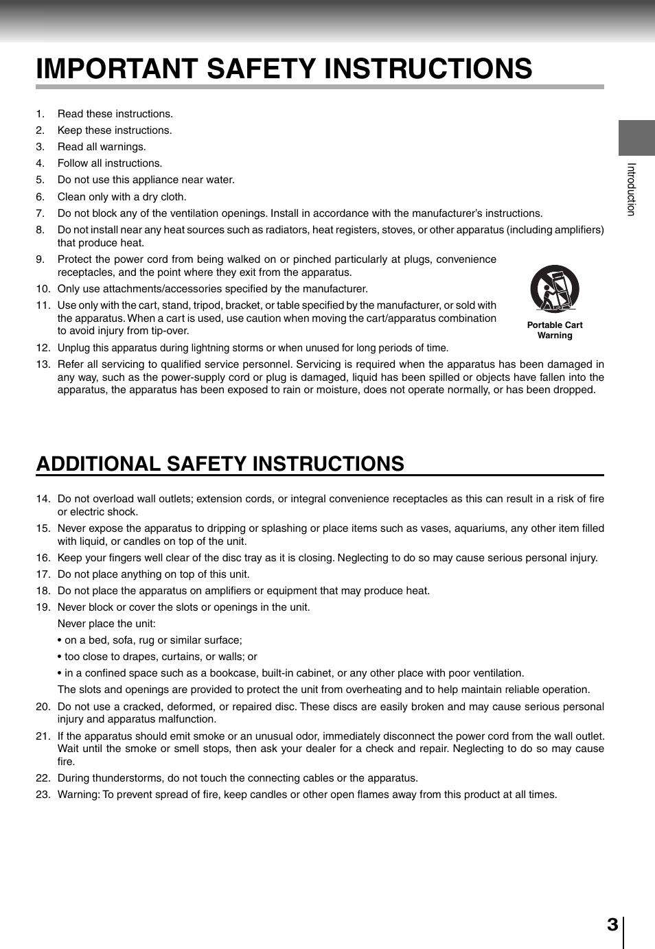 Important safety instructions, Additional safety instructions | Toshiba SD5010 User Manual | Page 3 / 28