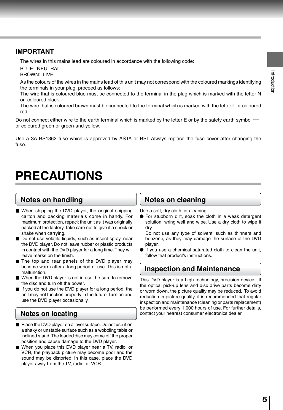 Precautions, Inspection and maintenance, Important | Toshiba SD5010 User Manual | Page 5 / 28