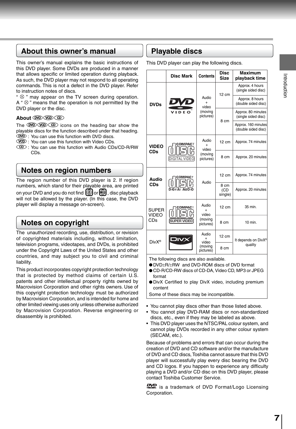 About this owner’s manual, Playable discs | Toshiba SD5010 User Manual | Page 7 / 28