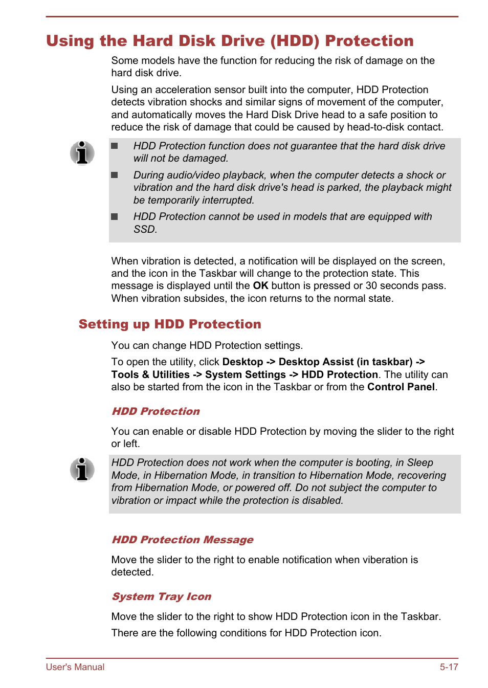 Using the hard disk drive (hdd) protection, Setting up hdd protection, Using the hard disk drive (hdd) protection -17 | To-disk contact. refer to the, Using the hard disk, Drive (hdd) protection, Section for more details | Toshiba Satellite P40T-A User Manual | Page 102 / 141
