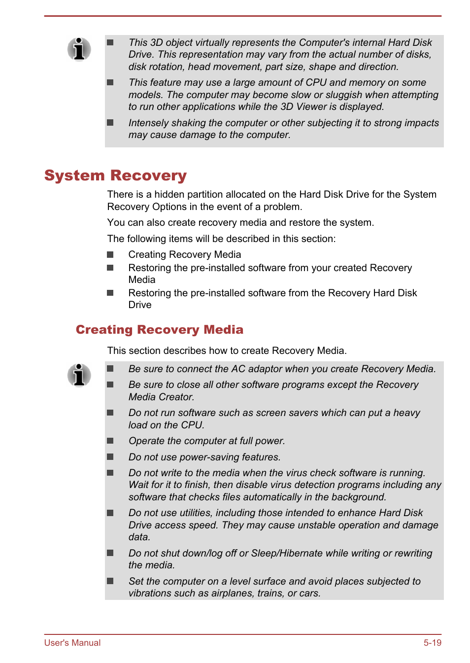 System recovery, Creating recovery media, System recovery -19 | Toshiba Satellite P40T-A User Manual | Page 104 / 141