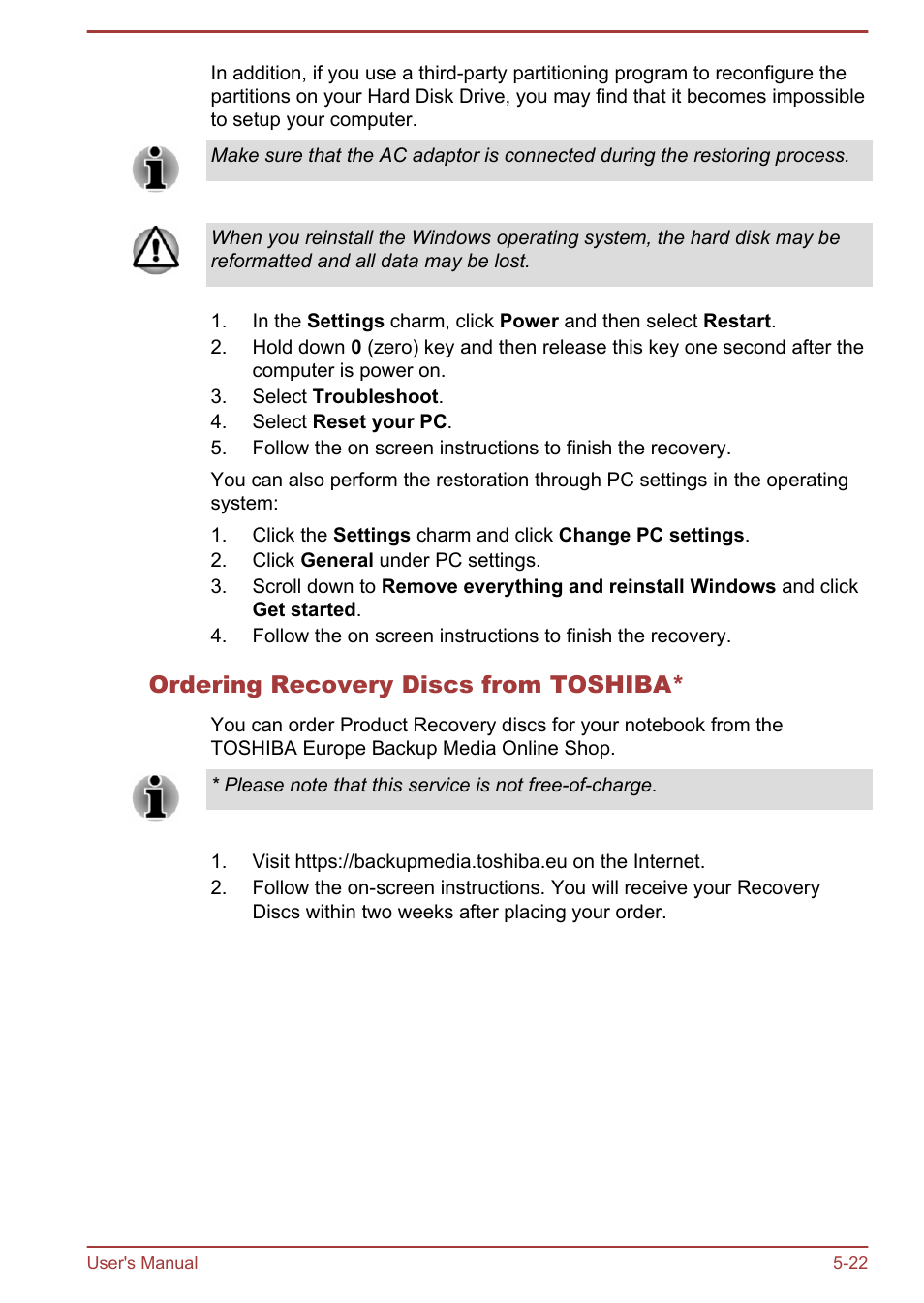 Ordering recovery discs from toshiba | Toshiba Satellite P40T-A User Manual | Page 107 / 141