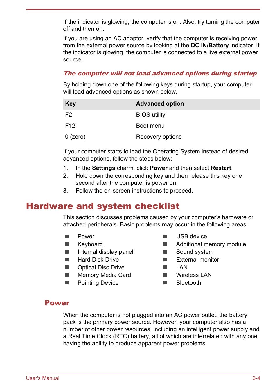 Hardware and system checklist, Power, Hardware and system checklist -4 | Toshiba Satellite P40T-A User Manual | Page 111 / 141