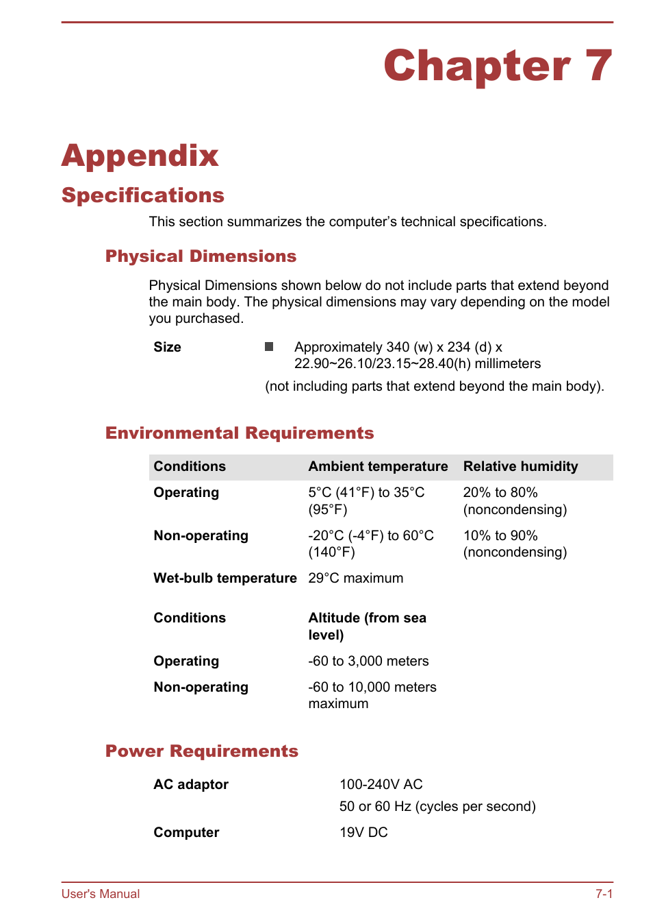 Chapter 7 appendix, Specifications, Physical dimensions | Environmental requirements, Power requirements, Chapter 7, Appendix, Specifications -1 | Toshiba Satellite P40T-A User Manual | Page 123 / 141