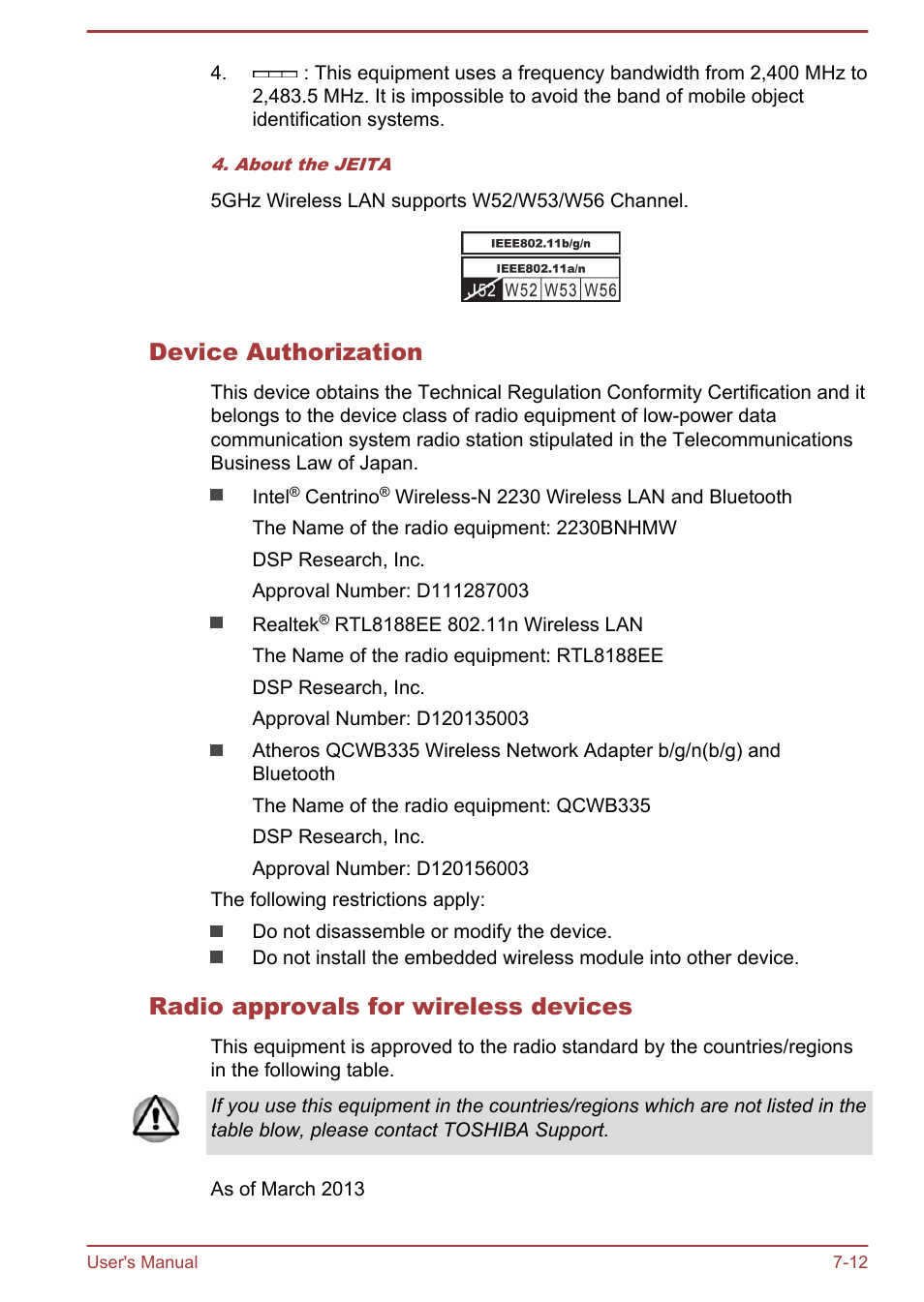 Device authorization, Radio approvals for wireless devices | Toshiba Satellite P40T-A User Manual | Page 134 / 141