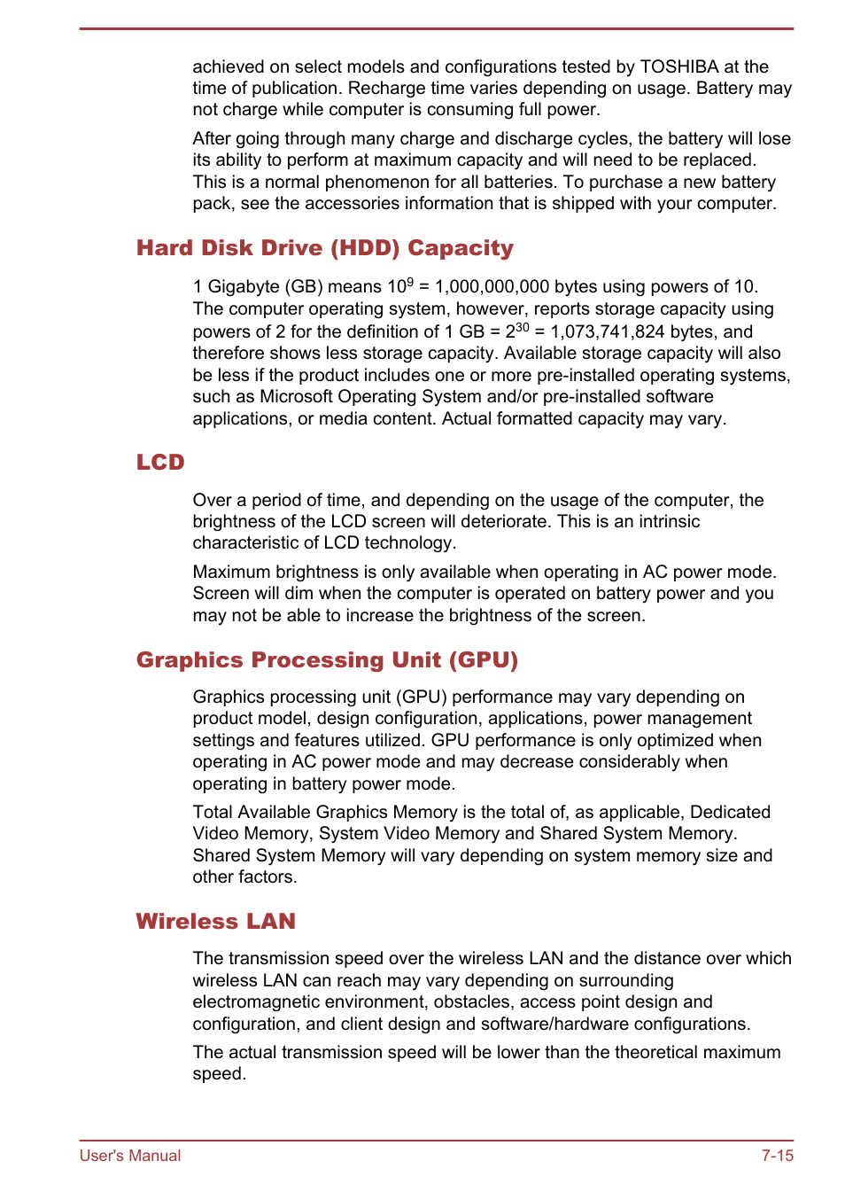 Hard disk drive (hdd) capacity, Graphics processing unit (gpu), Wireless lan | Toshiba Satellite P40T-A User Manual | Page 137 / 141