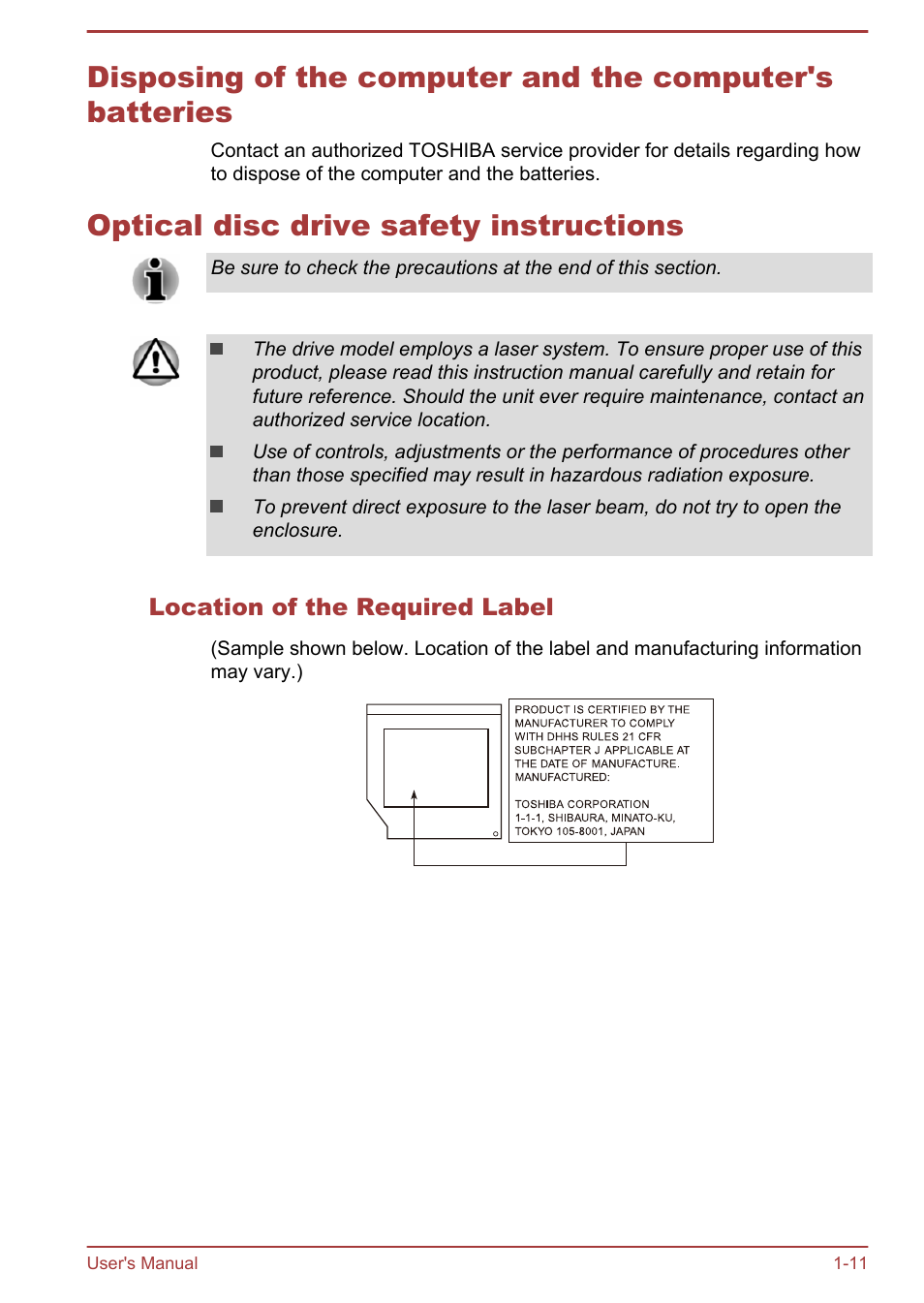 Optical disc drive safety instructions, Location of the required label | Toshiba Satellite P40T-A User Manual | Page 14 / 141