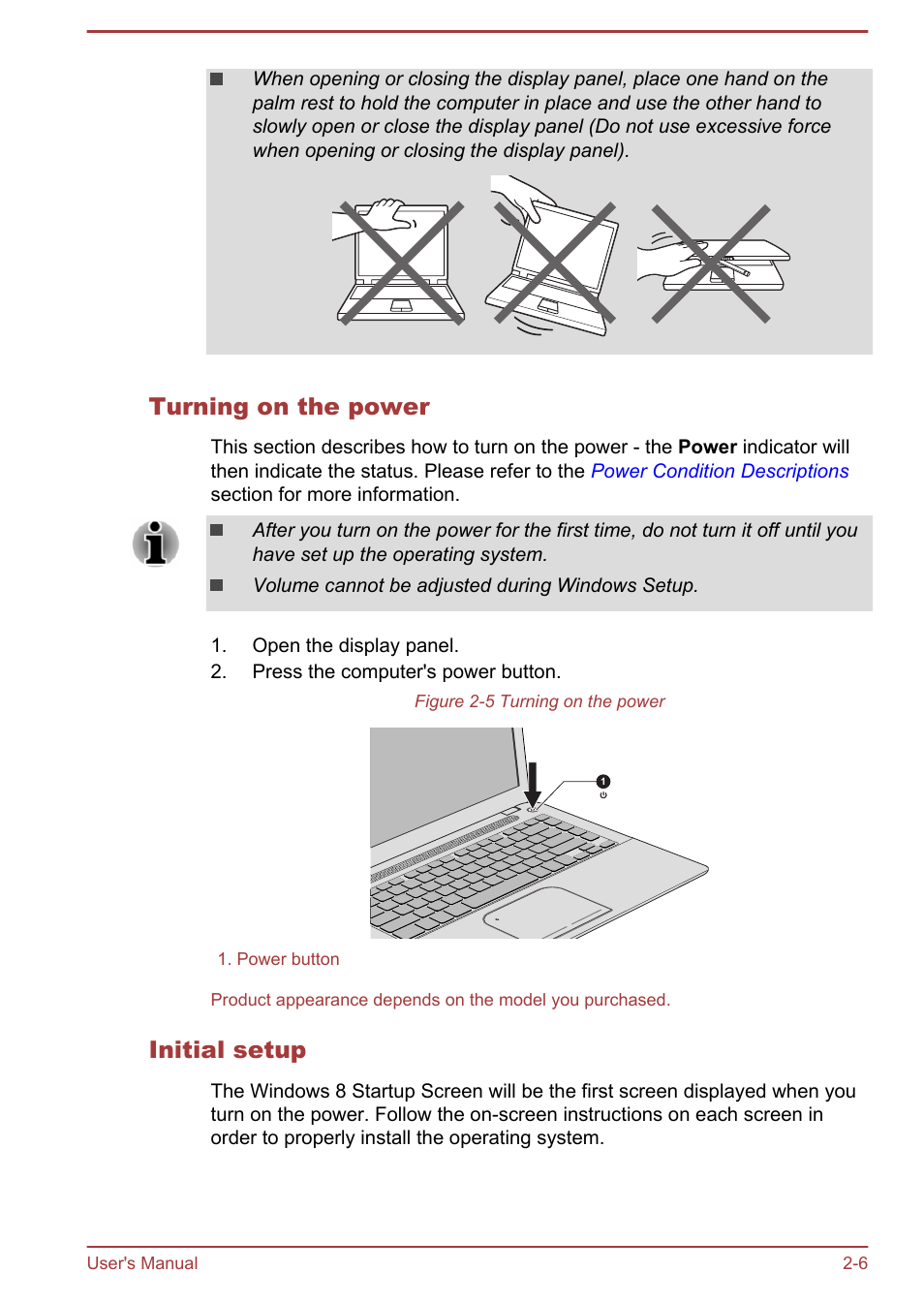 Turning on the power, Initial setup | Toshiba Satellite P40T-A User Manual | Page 24 / 141
