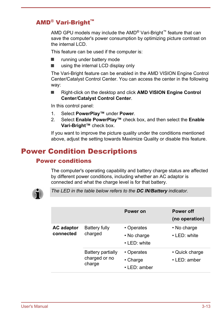 Amd® vari-bright, Power condition descriptions, Power conditions | Power condition descriptions -13, Vari-bright | Toshiba Satellite P40T-A User Manual | Page 43 / 141