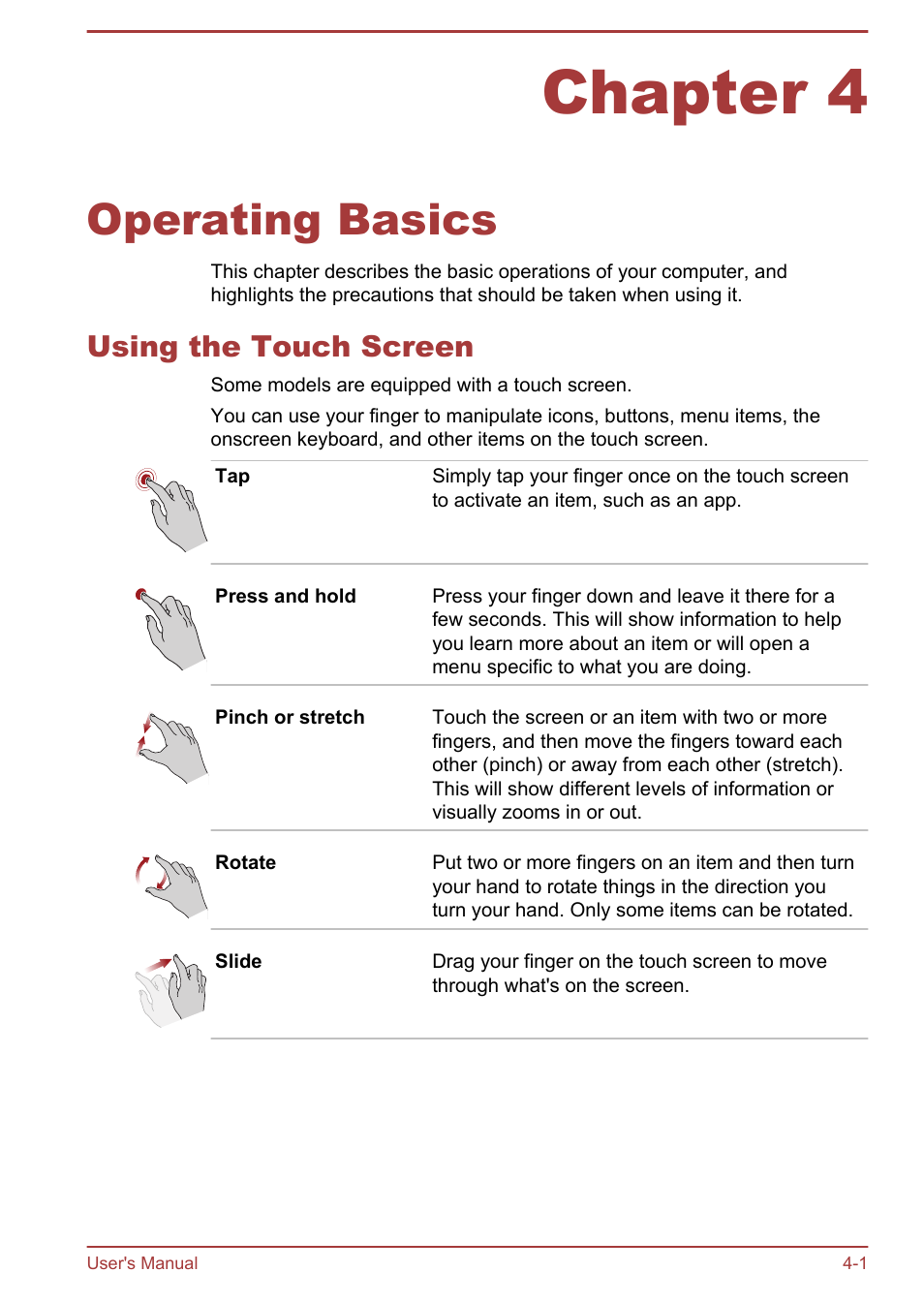 Chapter 4 operating basics, Using the touch screen, Chapter 4 | Operating basics, Using the touch screen -1, Second, 1000base-t). refer to, Operating, Basics, For details | Toshiba Satellite P40T-A User Manual | Page 46 / 141