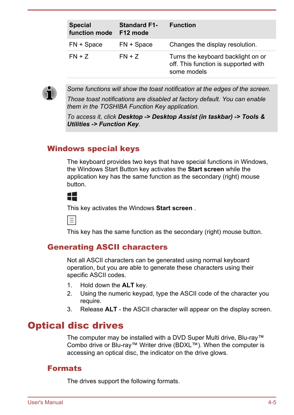 Windows special keys, Generating ascii characters, Optical disc drives | Formats, Optical disc drives -5 | Toshiba Satellite P40T-A User Manual | Page 50 / 141