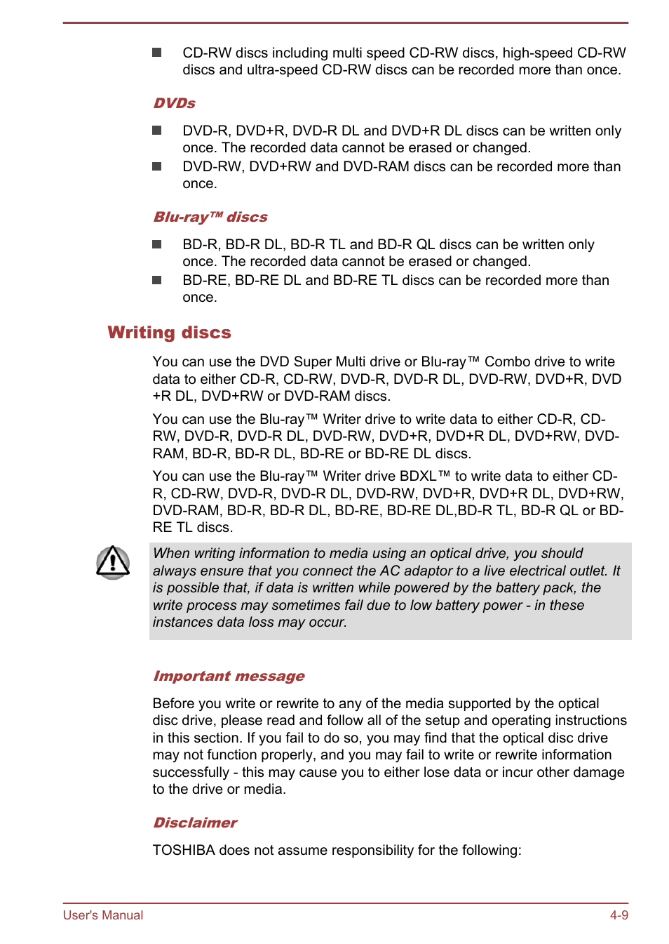 Writing discs | Toshiba Satellite P40T-A User Manual | Page 54 / 141