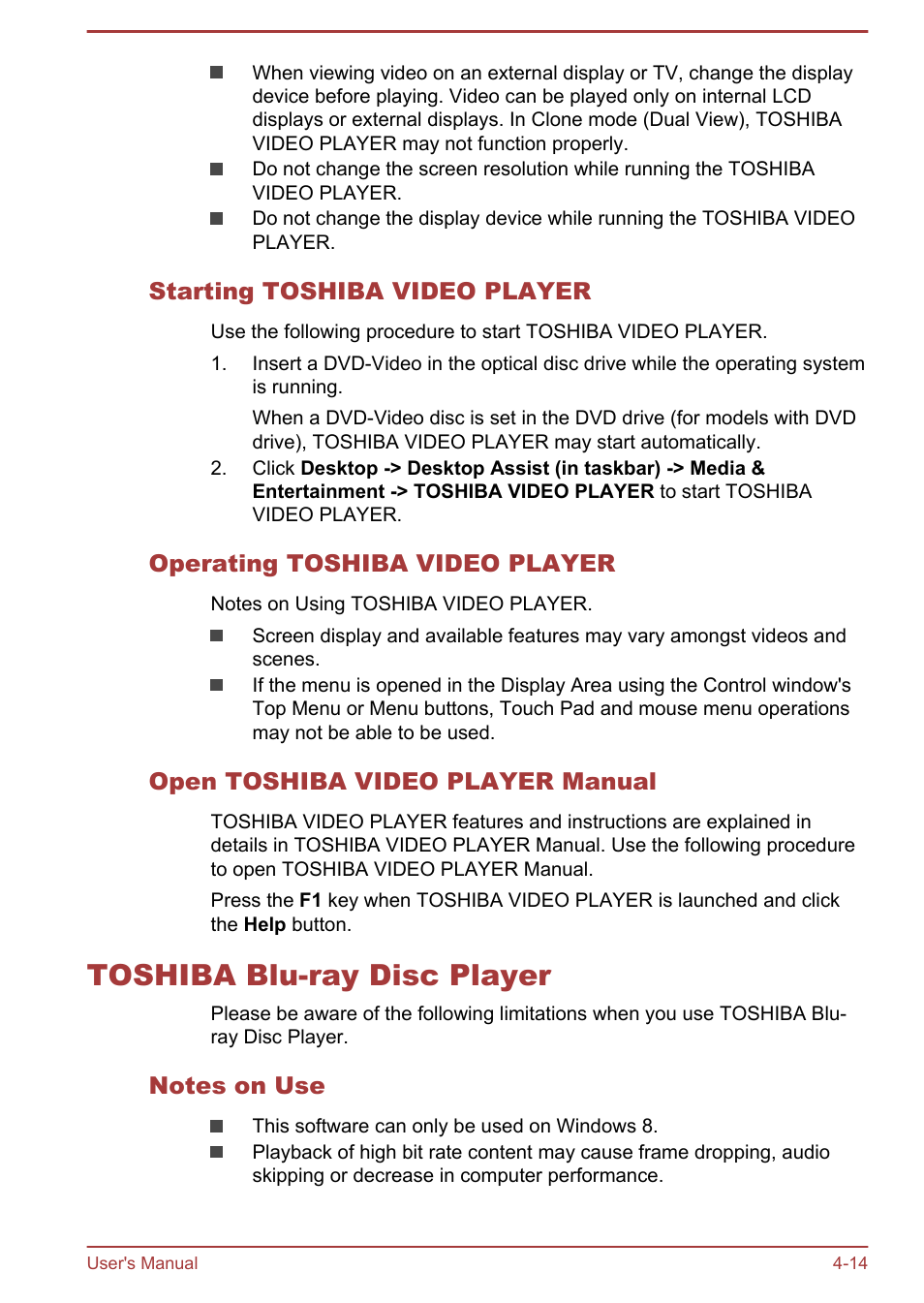 Starting toshiba video player, Operating toshiba video player, Open toshiba video player manual | Toshiba blu-ray disc player, Notes on use, Toshiba blu-ray disc player -14 | Toshiba Satellite P40T-A User Manual | Page 59 / 141