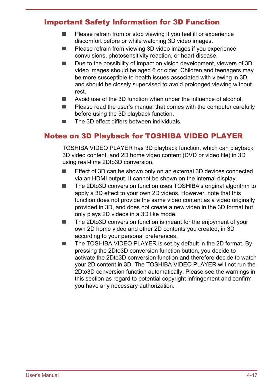 Important safety information for 3d function, Notes on 3d playback for toshiba video player | Toshiba Satellite P40T-A User Manual | Page 62 / 141