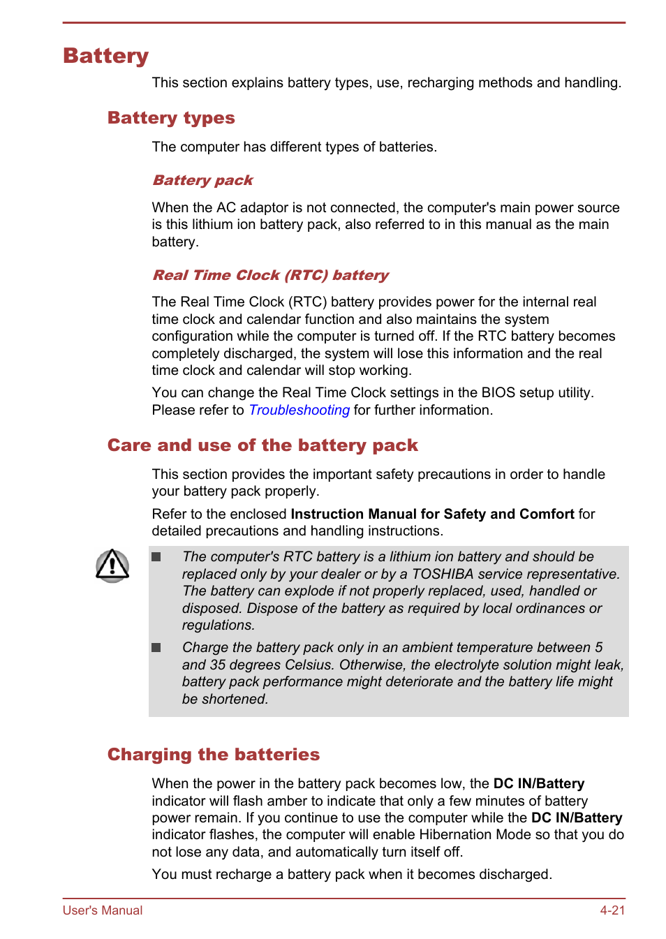 Battery, Battery types, Care and use of the battery pack | Charging the batteries, Battery -21 | Toshiba Satellite P40T-A User Manual | Page 66 / 141