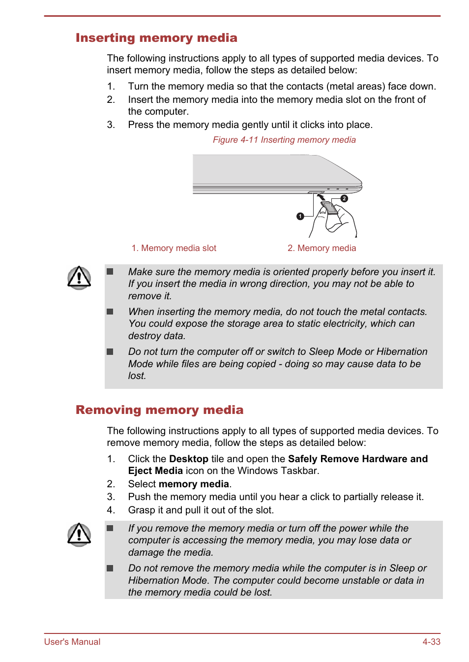 Inserting memory media, Removing memory media | Toshiba Satellite P40T-A User Manual | Page 78 / 141