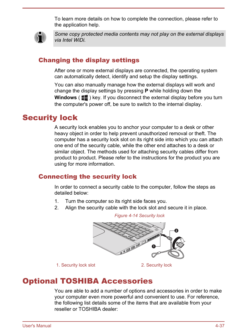 Changing the display settings, Security lock, Connecting the security lock | Optional toshiba accessories, Security lock -37 optional toshiba accessories -37 | Toshiba Satellite P40T-A User Manual | Page 82 / 141