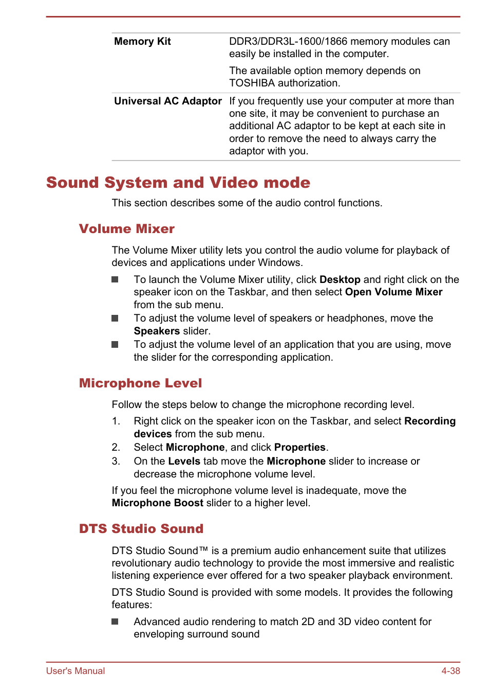 Sound system and video mode, Volume mixer, Microphone level | Dts studio sound, Sound system and video mode -38, To the | Toshiba Satellite P40T-A User Manual | Page 83 / 141