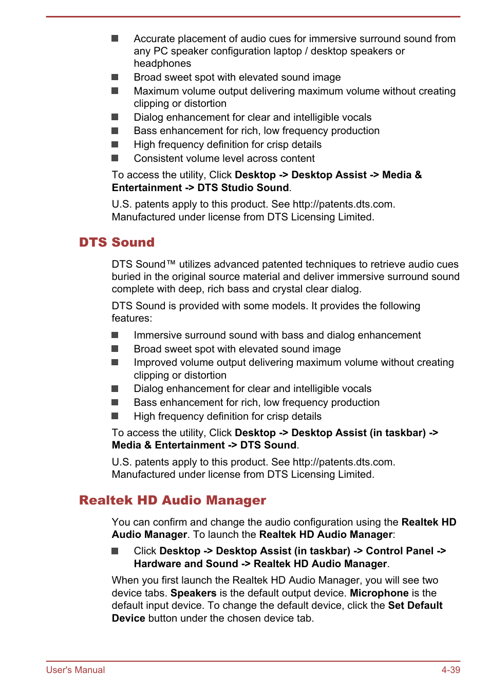 Dts sound, Realtek hd audio manager | Toshiba Satellite P40T-A User Manual | Page 84 / 141