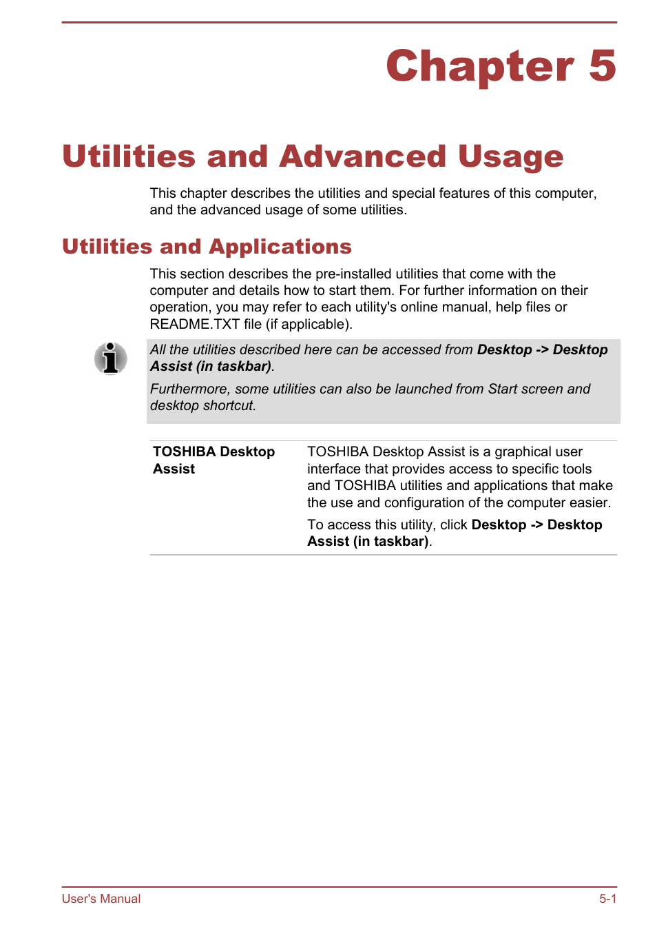 Chapter 5 utilities and advanced usage, Utilities and applications, Chapter 5 | Utilities and advanced usage, Utilities and applications -1 | Toshiba Satellite P40T-A User Manual | Page 86 / 141