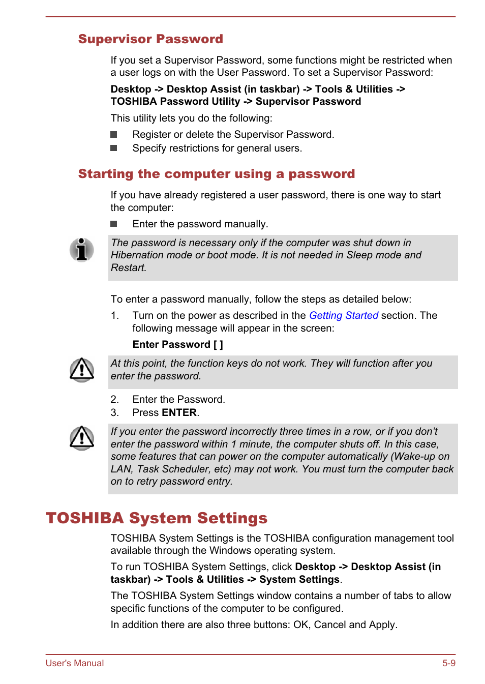 Supervisor password, Starting the computer using a password, Toshiba system settings | Toshiba system settings -9 | Toshiba Satellite P40T-A User Manual | Page 94 / 141