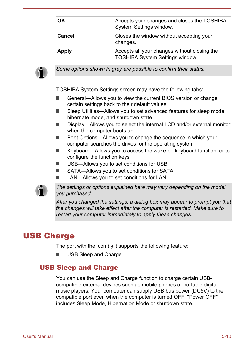 Usb charge, Usb sleep and charge, Usb charge -10 | Toshiba Satellite P40T-A User Manual | Page 95 / 141
