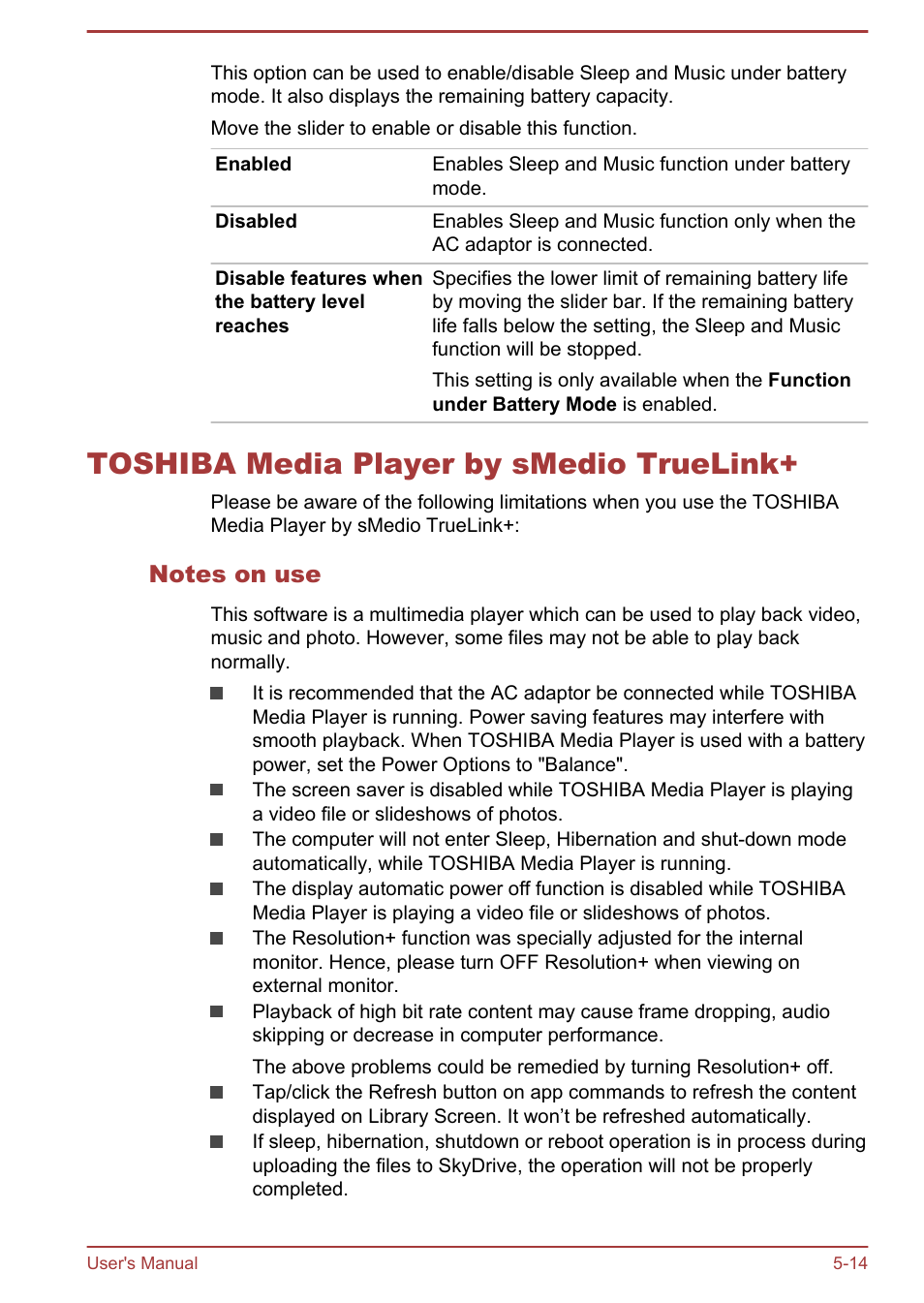 Toshiba media player by smedio truelink, Notes on use, Toshiba media player by smedio truelink+ -14 | Toshiba Satellite P40T-A User Manual | Page 99 / 141