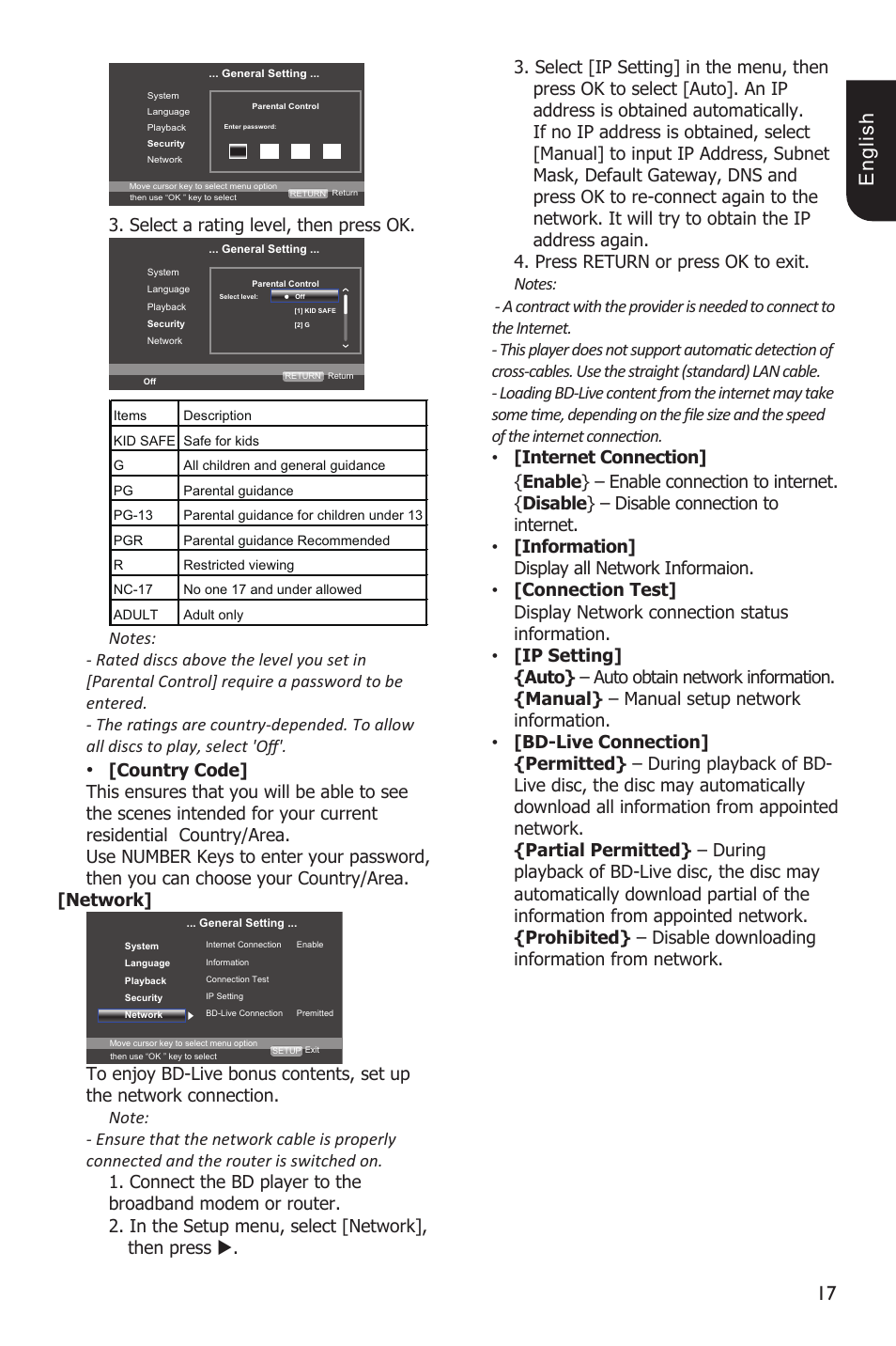 1 e ng lis h, Select a rating level, then press ok | Toshiba BDX1100 User Manual | Page 17 / 44