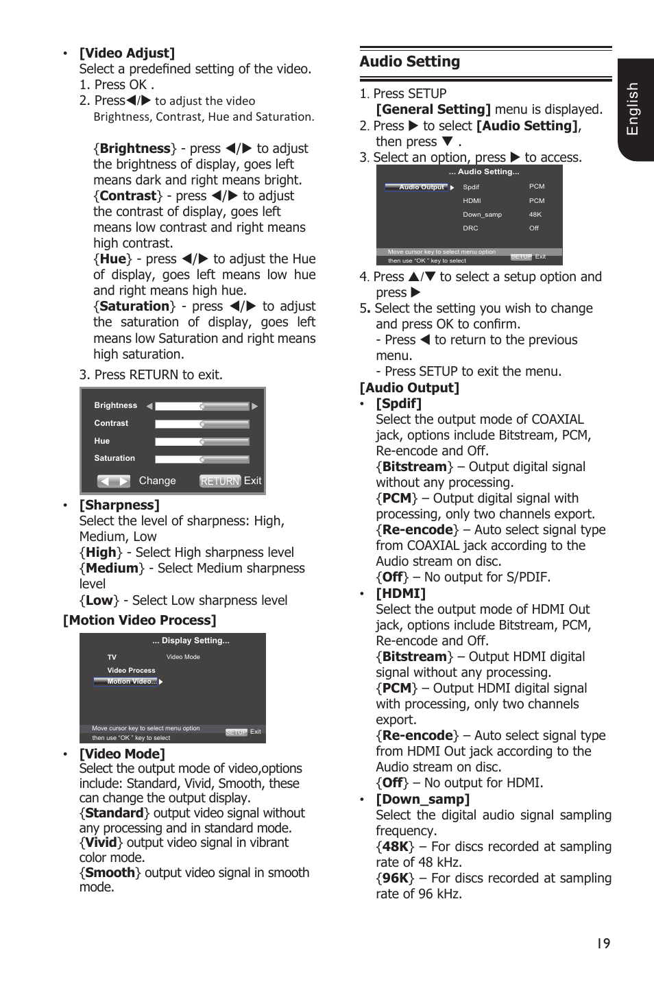 1 e ng lis h, Audio setting | Toshiba BDX1100 User Manual | Page 19 / 44