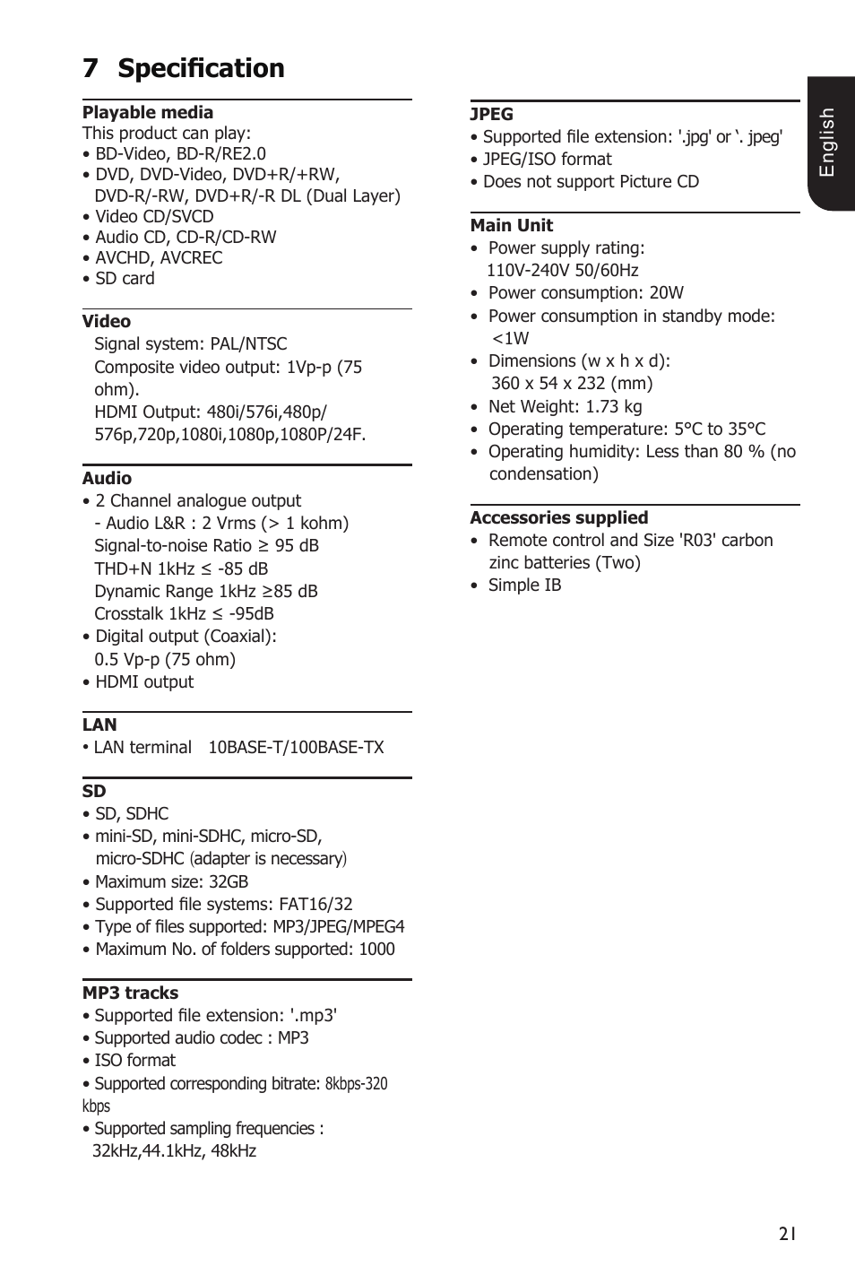 7specification | Toshiba BDX1100 User Manual | Page 21 / 44
