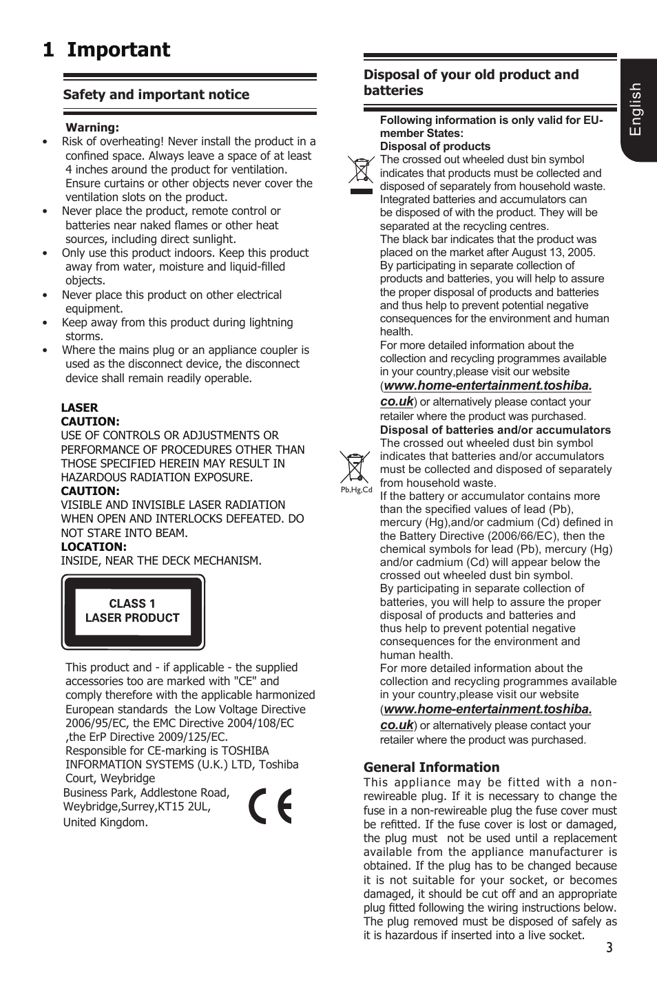 Important, E ng lis h | Toshiba BDX1100 User Manual | Page 3 / 44